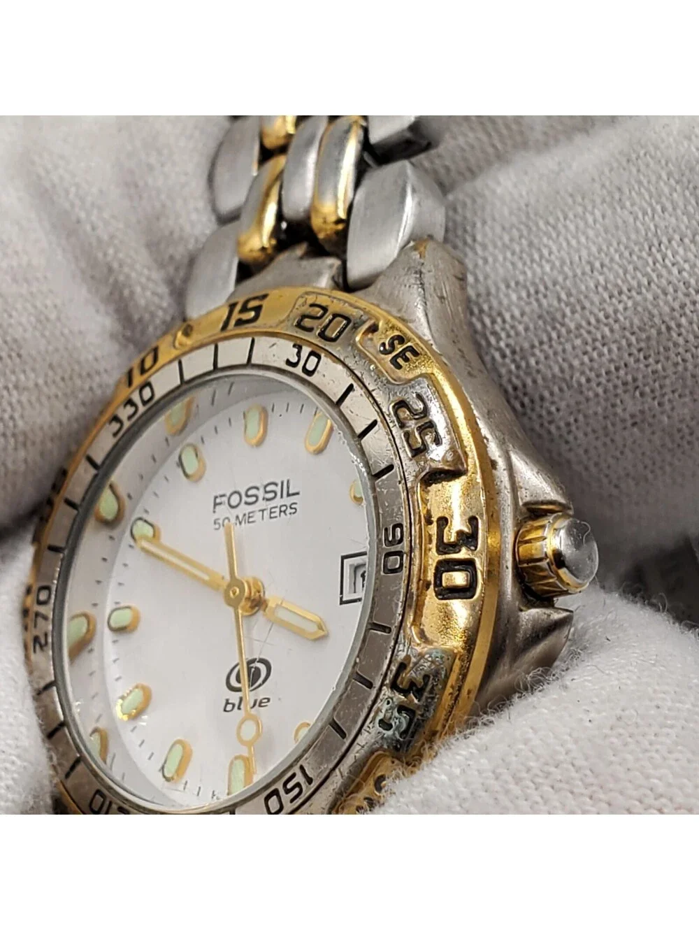 Fossil Blue Watch Women 28mm New Battery  Rotating Bezel Luminous hands